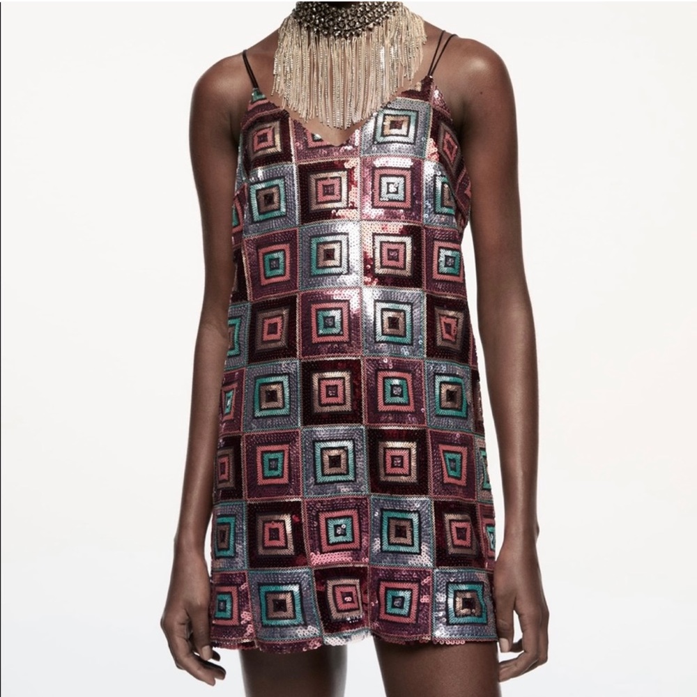 ZARA Sequin v neck mini dress